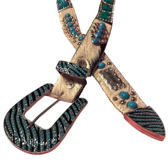 BHW Unisex Belt Leather Cowhide Turquoise Rhinestone Silver XL 41L Western Bling - Picture 7 of 9